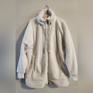 Athleta Tugga Long Sherpa Jacket Women’s Lined Zip Pockets Ivory No Hood Size La